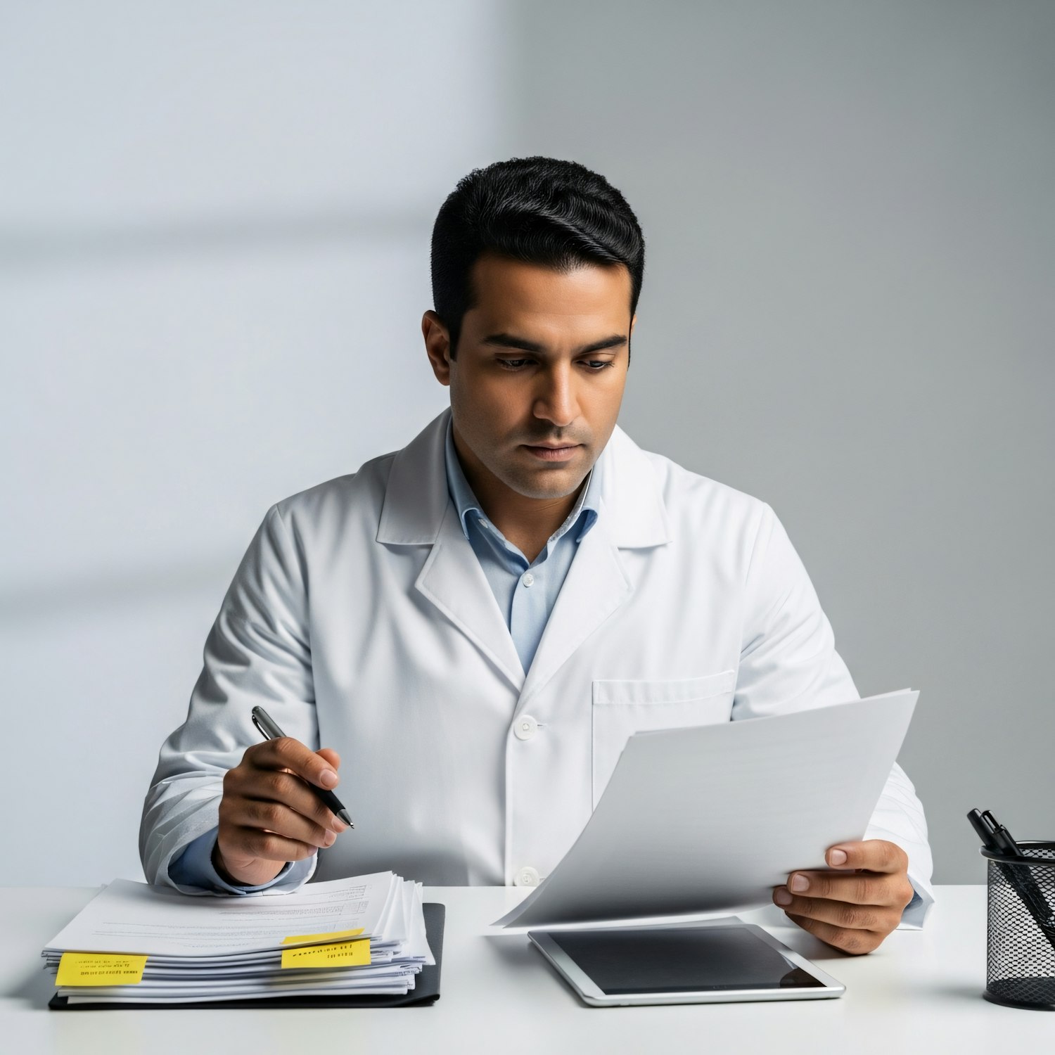 A professional experiencing decision fatigue, surrounded by overwhelming data and information in a modern office environment.