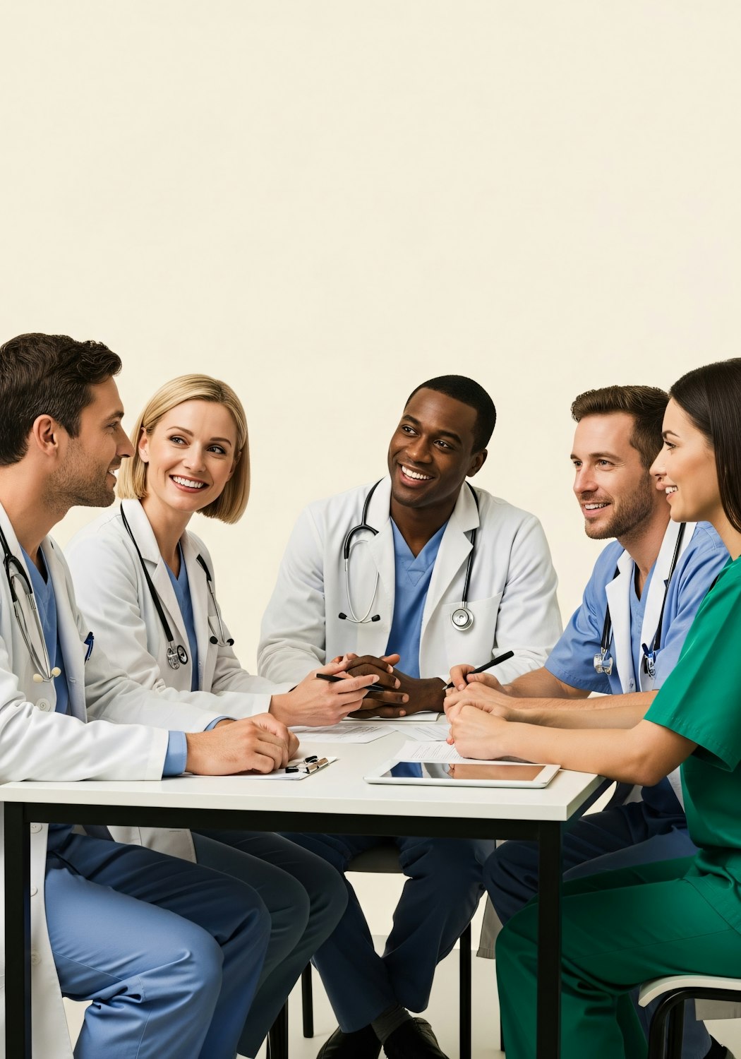 A diverse group of professionals actively engaged in a lively peer debate or discussion, simulating a case study to practice critical thinking skills.