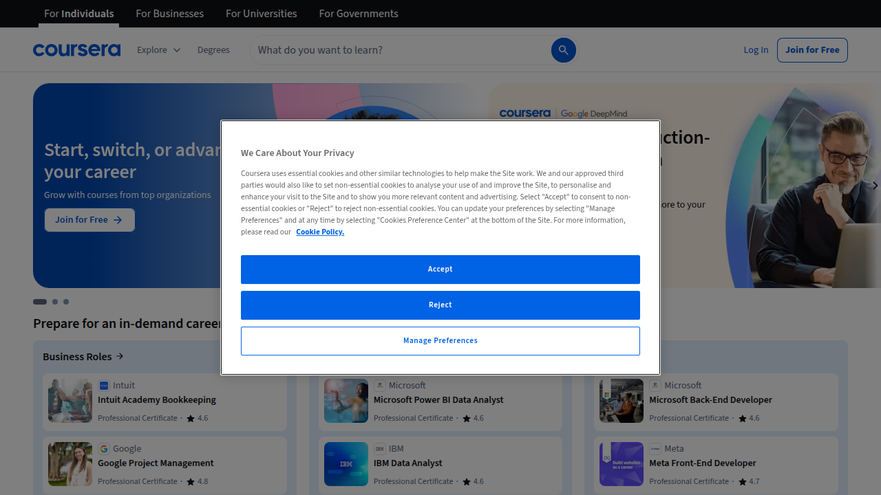 The homepage of Coursera, an online learning platform offering courses, specializations, and degrees from universities and companies worldwide.