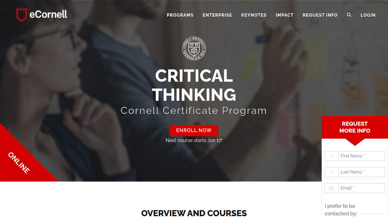 The eCornell website featuring its specific certificate program in Critical Thinking for management and executive roles.