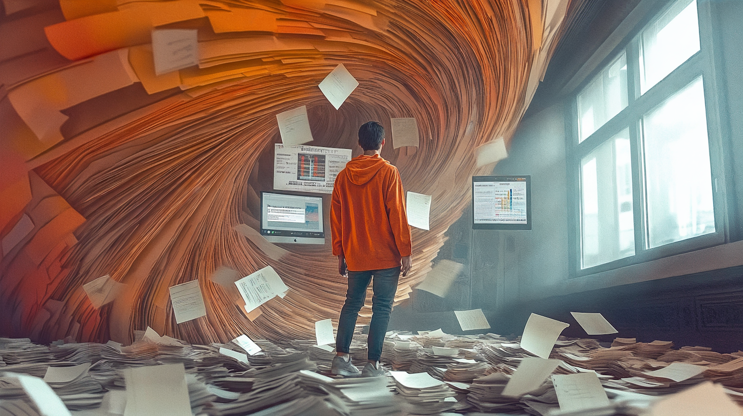 A person looking thoughtful while sifting through various digital information sources, representing the challenge of information overload in the modern world.