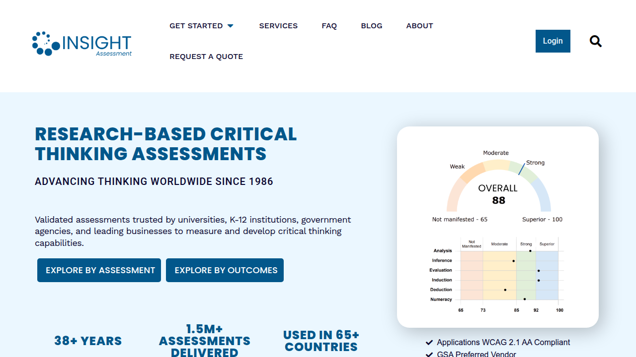 A screenshot of the Insight Assessment website homepage, a resource for critical thinking definitions and measurement tools, linked in the article.