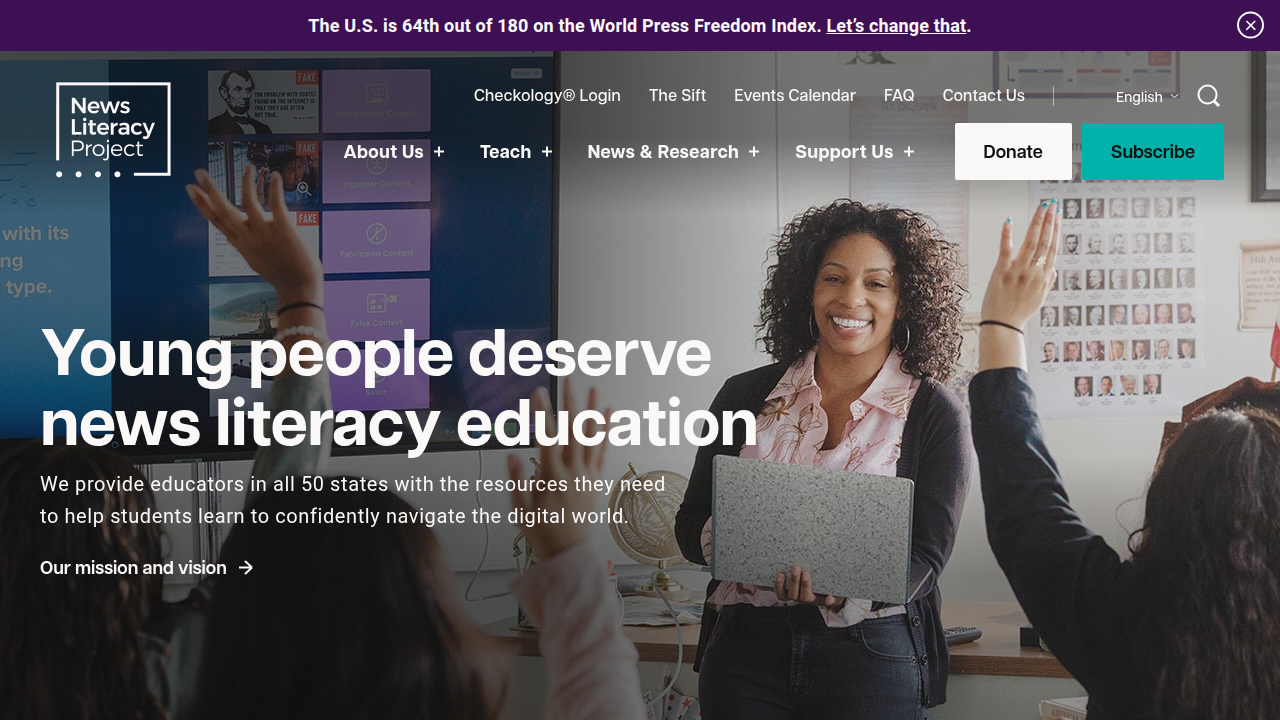 A screenshot of The News Literacy Project homepage, a resource mentioned for its RumorGuard Guide and other fact-checking tools.