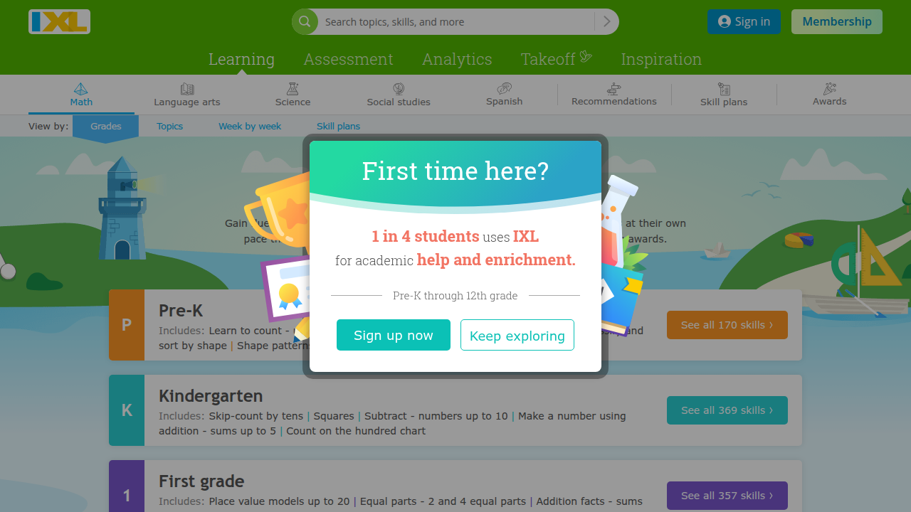 A view of the IXL Math homepage, a tool that supports breaking down skills and applying learning in new ways.