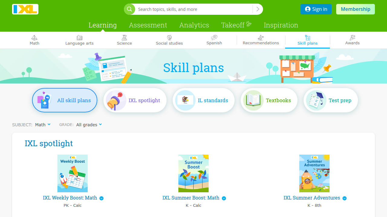 A screenshot of IXL Math's skill plans page, demonstrating how the platform aligns with various curricula and assessments.