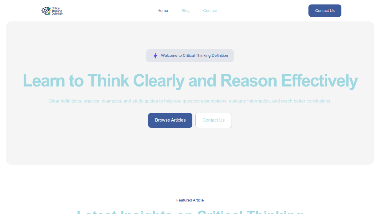 A screenshot of CriticalThinkingDefinition.com, offering practical guides and definitions to improve critical thinking skills.