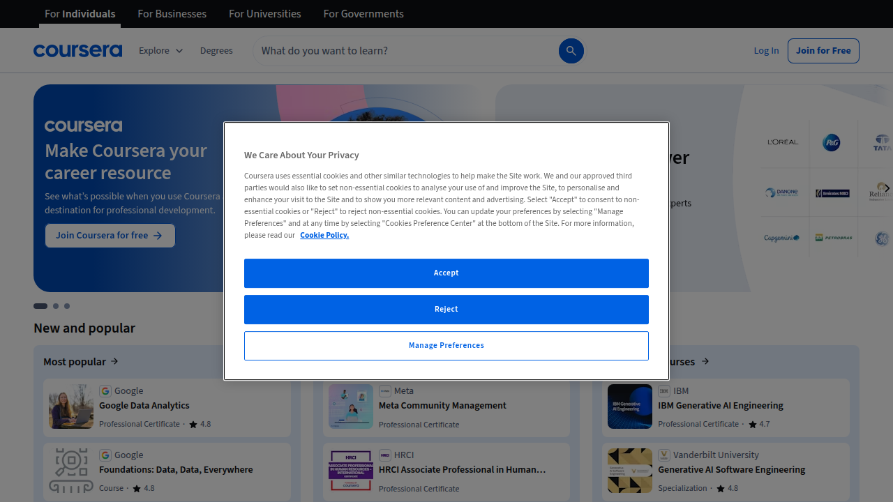 Screenshot of Coursera's homepage, showcasing various online learning opportunities, including critical thinking courses.