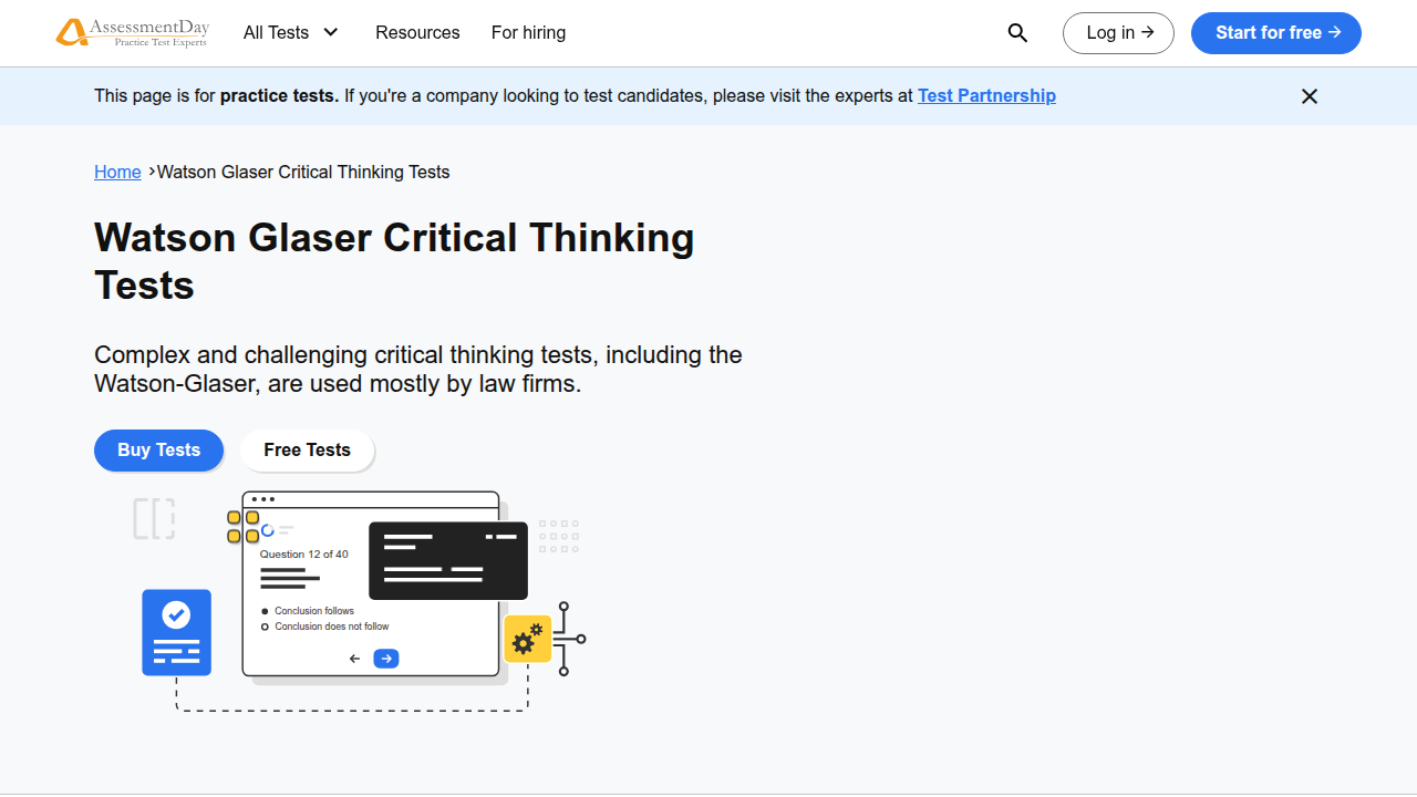 Screenshot of AssessmentDay's page on Watson-Glaser Critical Thinking Tests, a tool for measuring progress.