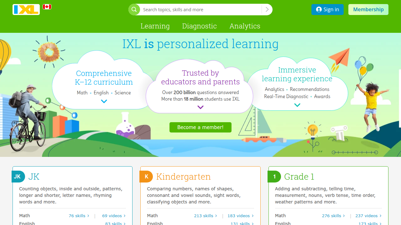 The homepage of IXL Math, an adaptive learning platform designed to build reasoning skills through personalized practice.