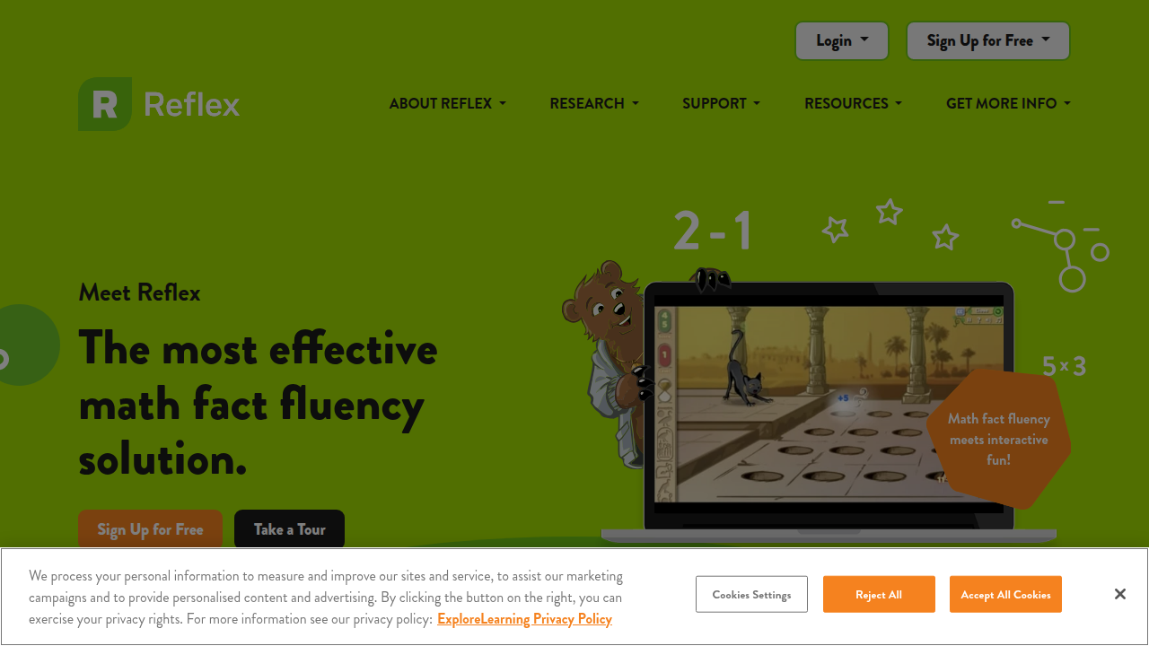 The homepage of Reflex Math, a popular program focused on developing math fact fluency for students.