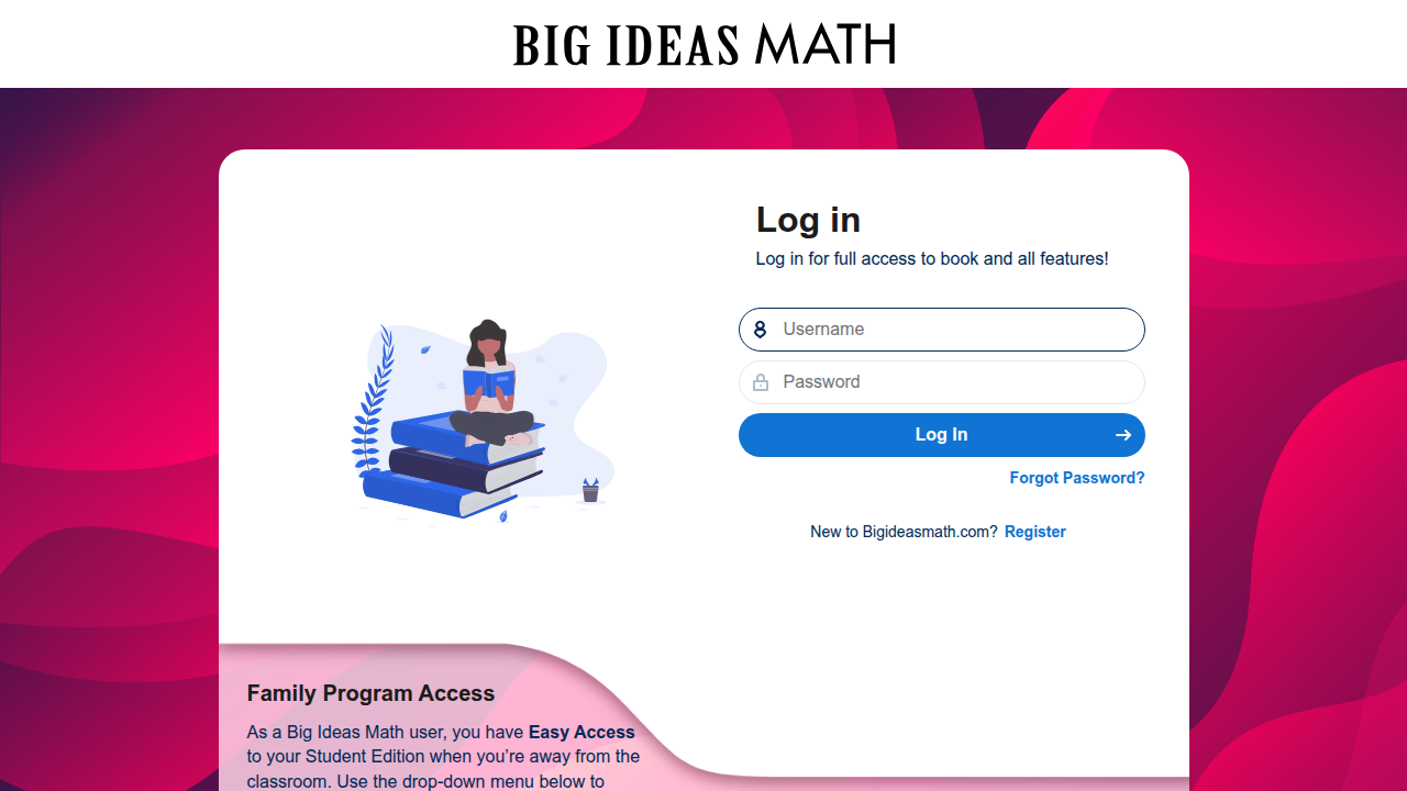 The homepage of Big Ideas Math, which offers a comprehensive K-12 mathematics curriculum for various learning environments.