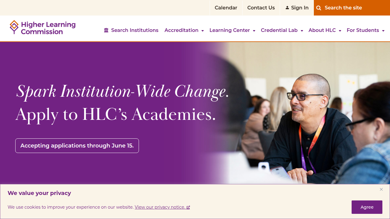 Screenshot of the Higher Learning Commission's website, an accreditation body for higher education institutions.