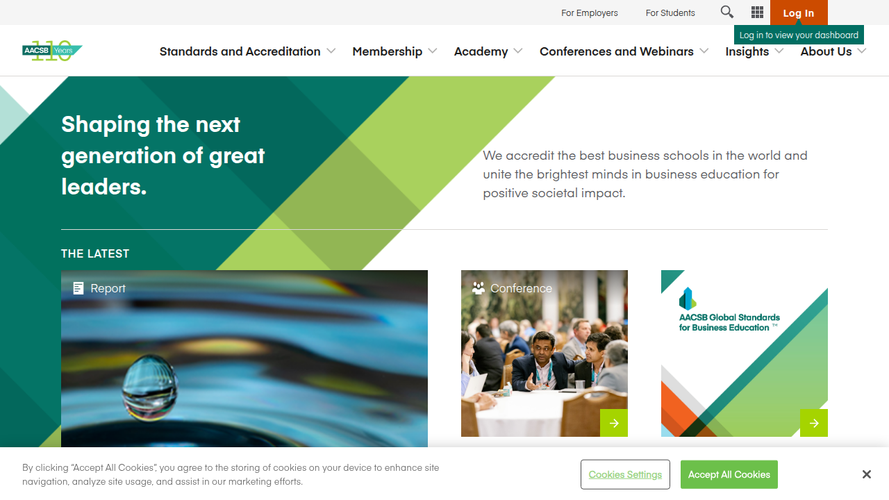 Screenshot of AACSB International's website, an organization providing accreditation for business schools worldwide.