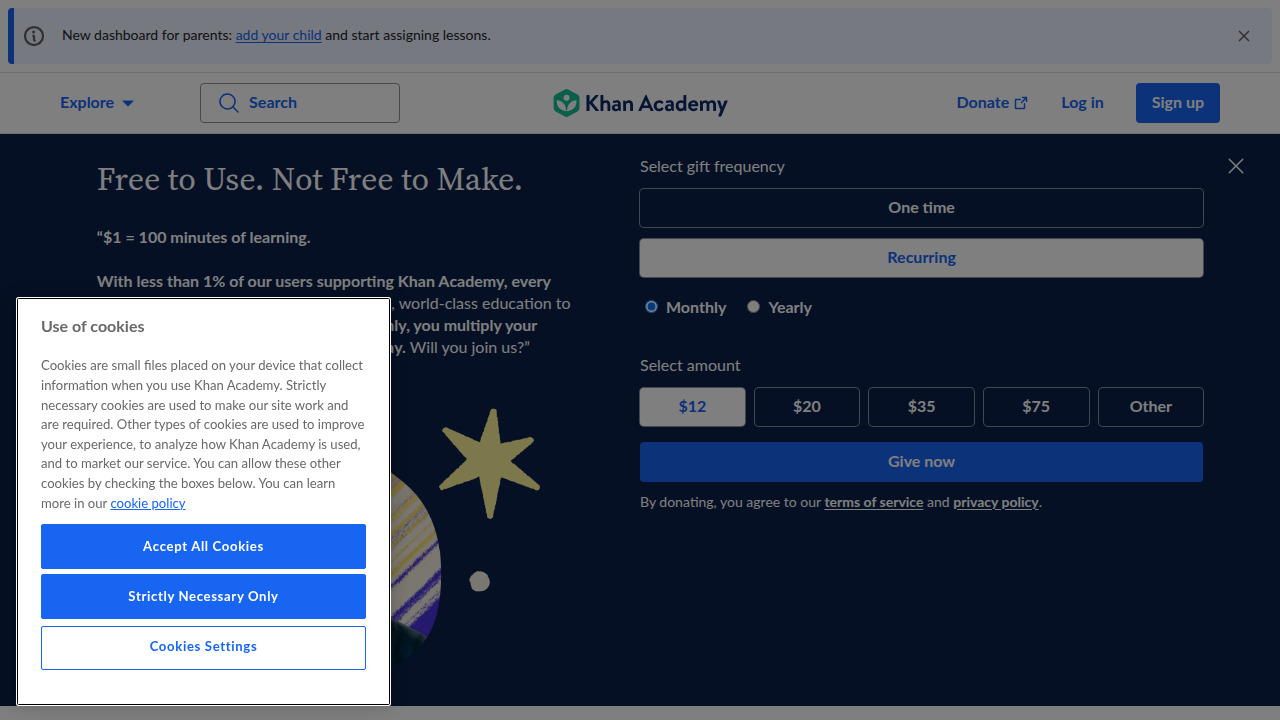 Khan Academy's homepage highlights its vast, free educational resources for learners of all ages, suitable for homeschooling.