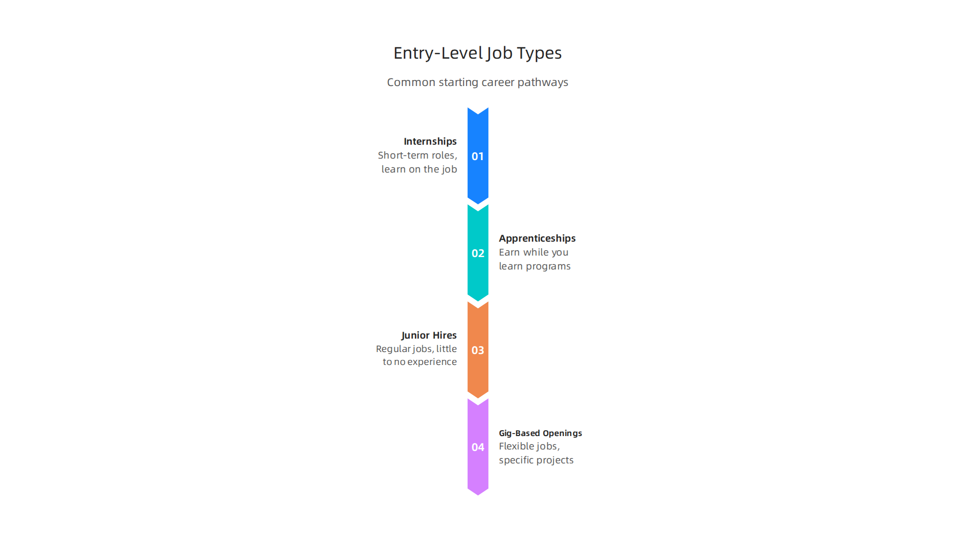 Visualizing common entry-level job types, from internships to gig-based openings, offering various career starting points.