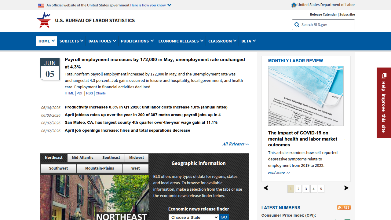 Explore labor market data and statistics on the U.S. Bureau of Labor Statistics website.