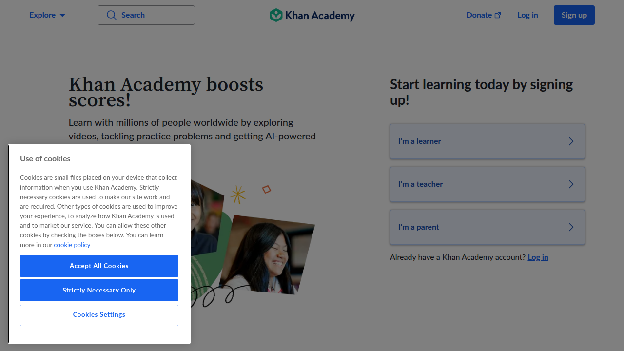 The Khan Academy homepage, featuring Khanmigo, a leading AI tutoring tool for K-12 math education.
