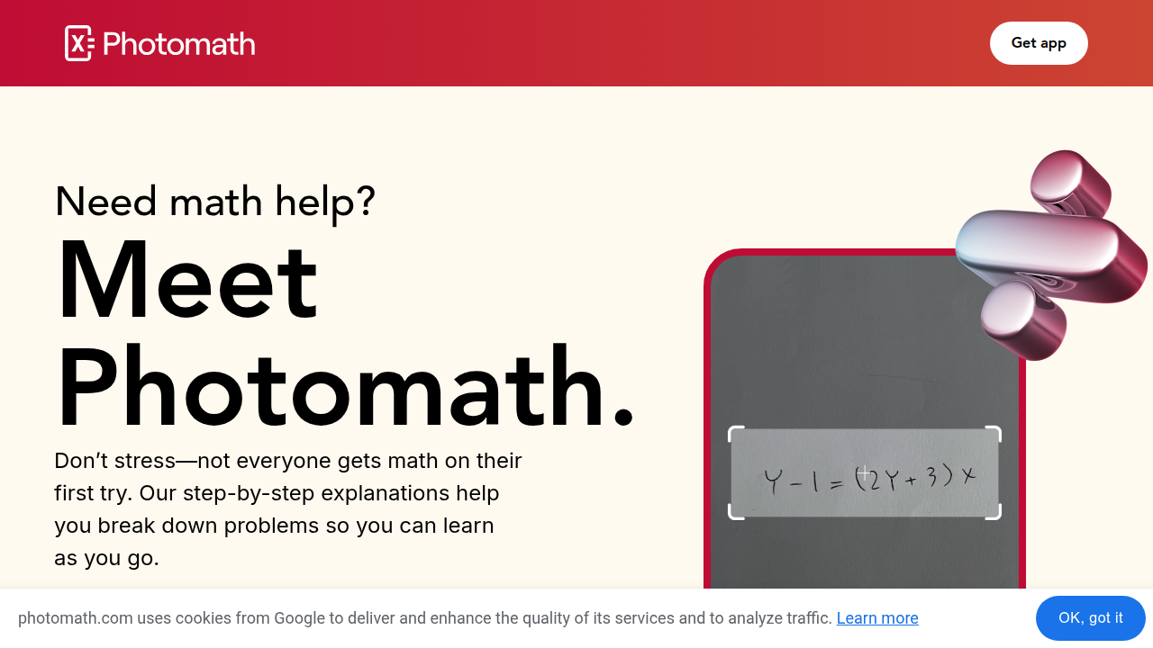 Photomath's website, illustrating how the app provides step-by-step solutions by scanning math problems.