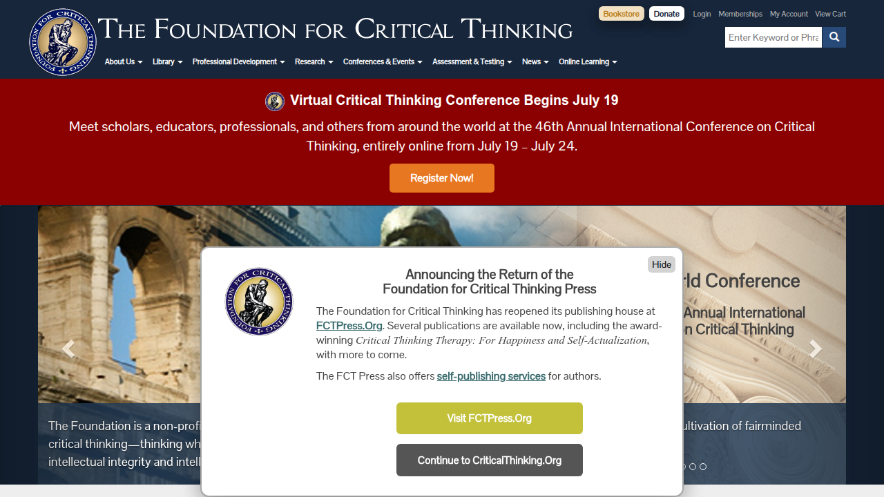 Screenshot of CriticalThinking.org, a resource for educators on critical thinking.
