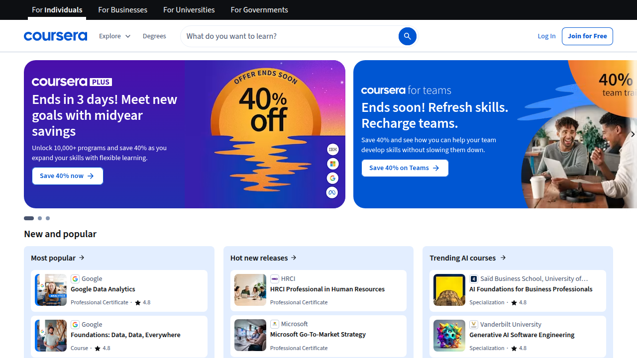 Coursera provides online courses, specializations, and degrees from leading universities and companies.