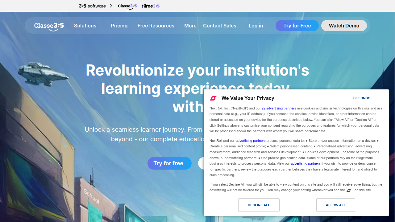 The homepage of Classe365, a provider of Learning Management Systems that support online educational programs.
