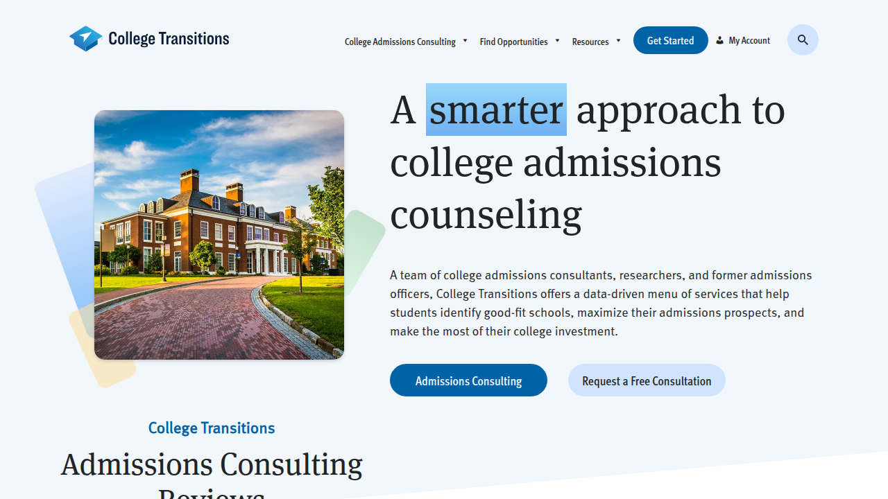 The homepage for College Transitions, a resource offering guidance on college planning, including financial aid and employer tuition programs.