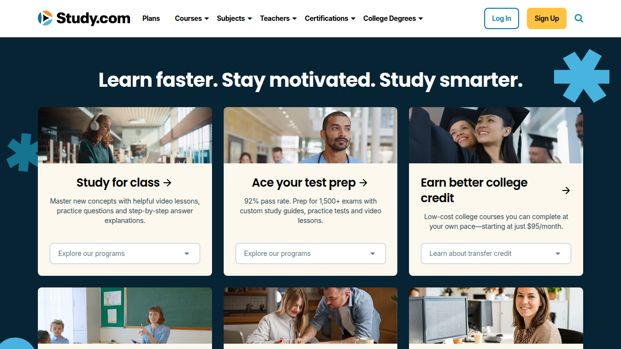 The homepage of Study.com, a platform offering educational resources and tools, including college preparation materials for adult learners.