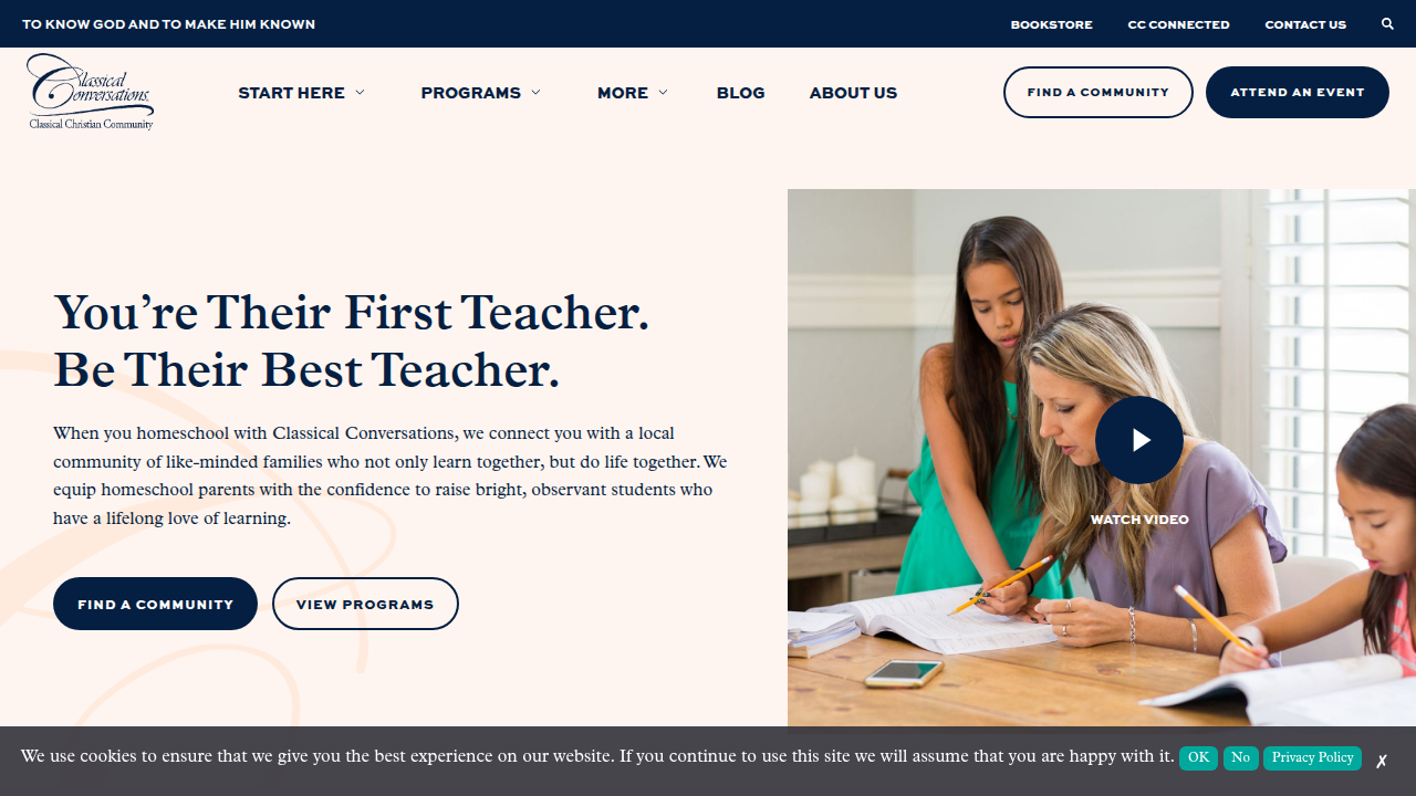 The homepage for Classical Conversations, showcasing their classical, Christian-based curriculum for homeschooling.
