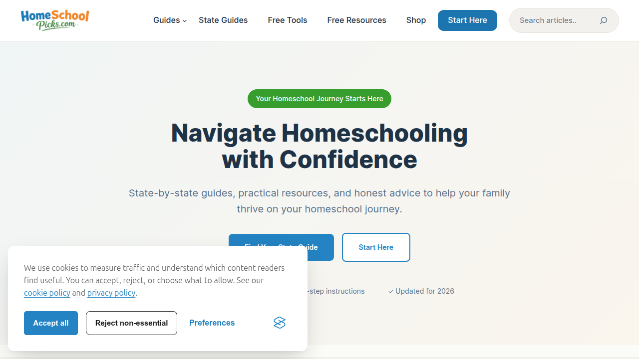 A snapshot of the Homeschool Picks website, a resource offering reviews and comparisons of homeschool curricula.